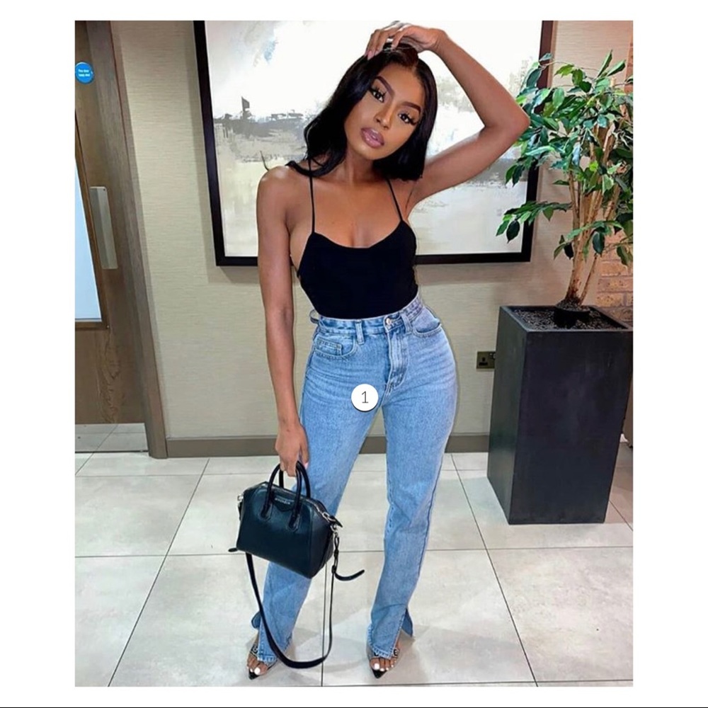 BLUE DENIM STRAIGHT LEG SIDE SPLIT JEANS - TASHI